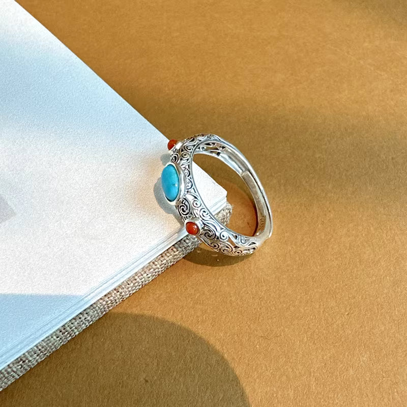 Adjustable Turquoise Cabochon Ring with Red Agate – Mongolian Style Hollow Silver Band