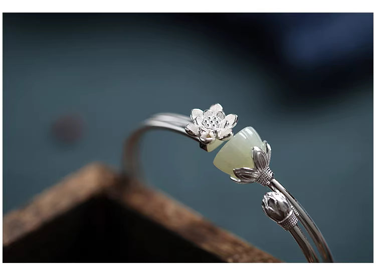 925 Silver Hetian Jade Lotus Seedpod Adjustable Bangle – Chinese Style Hanfu Qipao Bracelet