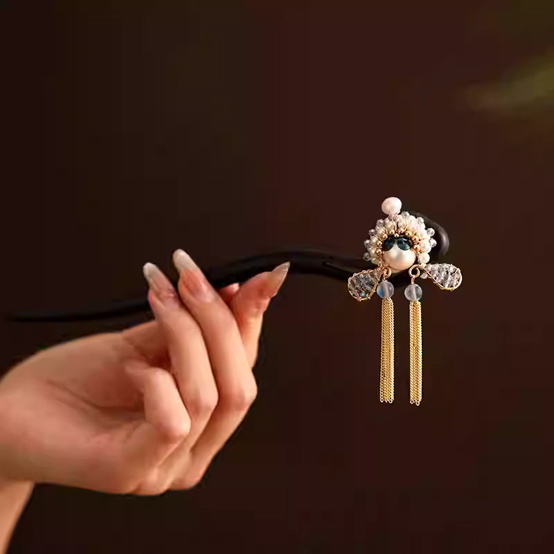 Daomadan Peking Opera Blackwood Tassel Hairpin – Traditional Chinese Fine Craft Hair Accessory with Pearl Accents