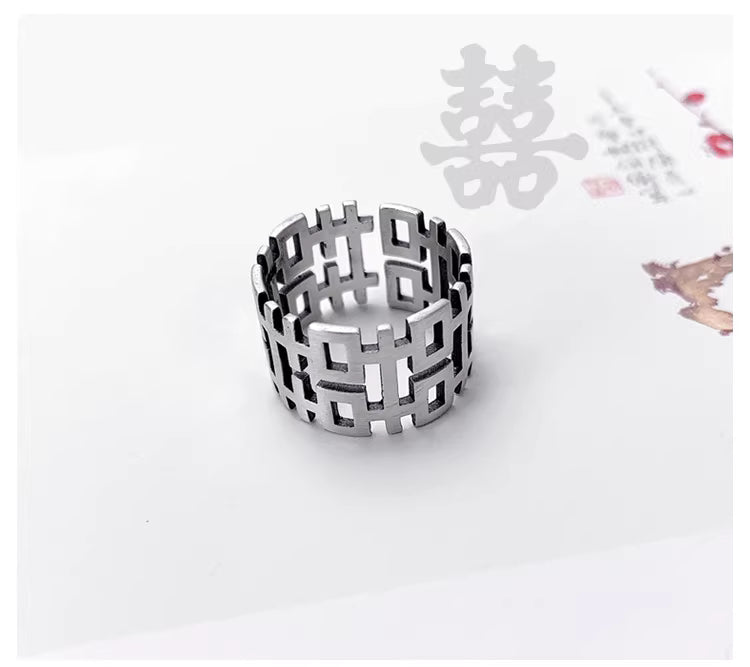 925 Sterling Silver Double Happiness Ring – Hollow Carved Open Band
