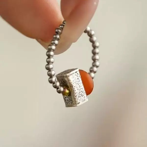 Vintage Amber Bead Stretch Ring with Sterling Silver – Oriental Lucky Ring for Women