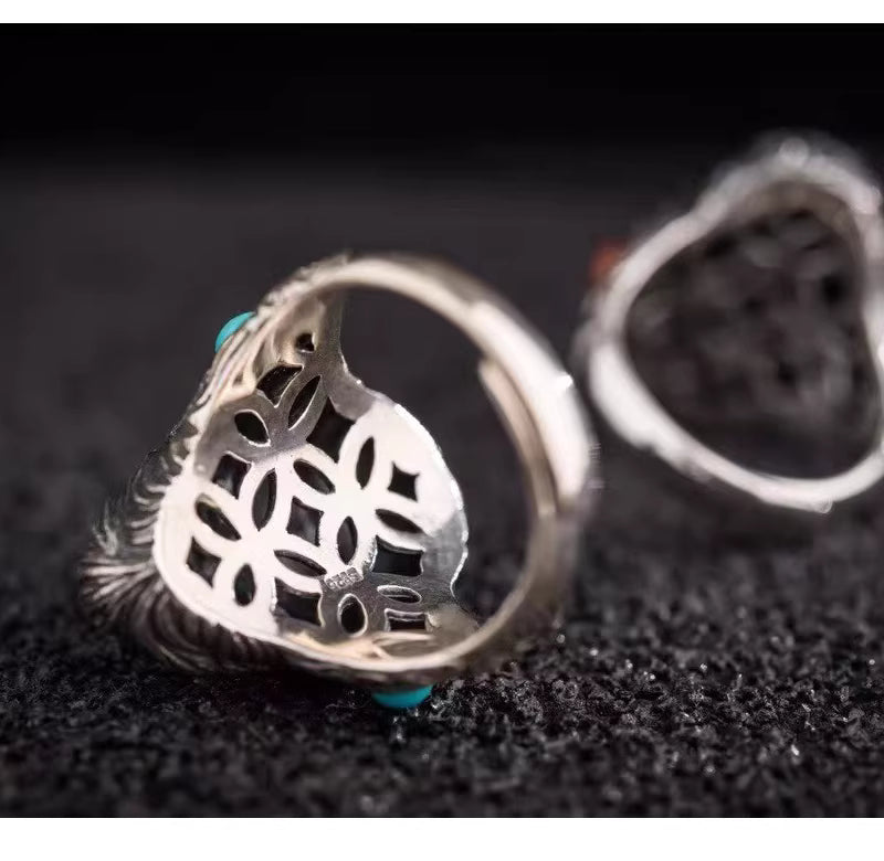 S925 Silver Sun Wukong Adjustable Ring with Red Agate or Turquoise Inlay – Unisex Chinese Style Cloud Design