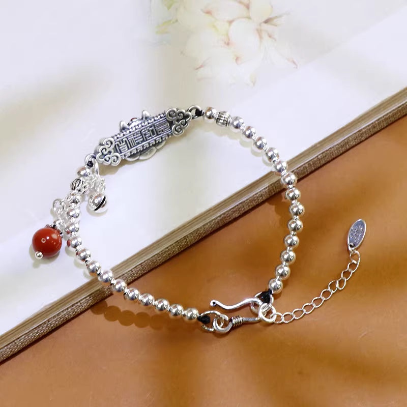 999 Fine Silver Enamel Guardian Lion Bracelet – Vintage Chinese Style Adjustable Lucky Charm Jewelry