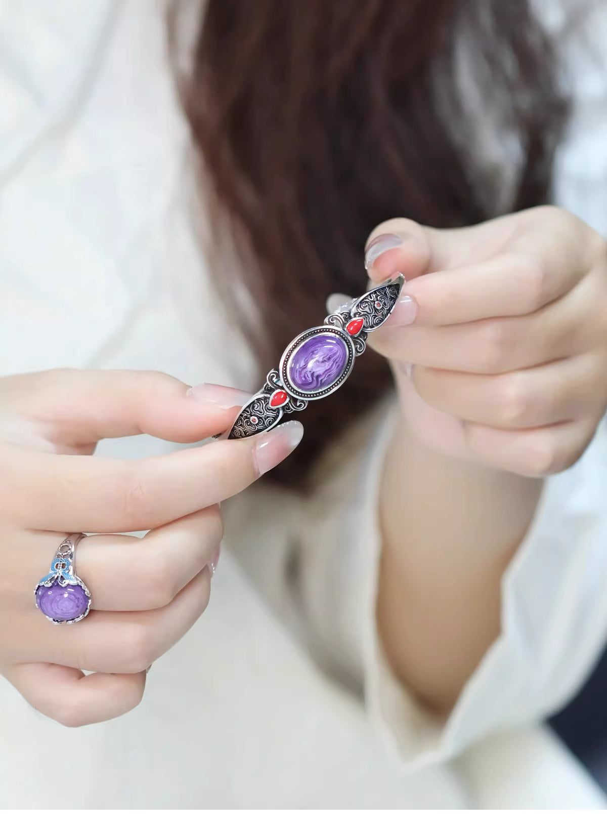Purple Gemstone Adjustable Bangle – Ziqi Donglai New Chinese Style Open Cuff Bracelet for Women | Vintage Palace & Ethnic Jewelry