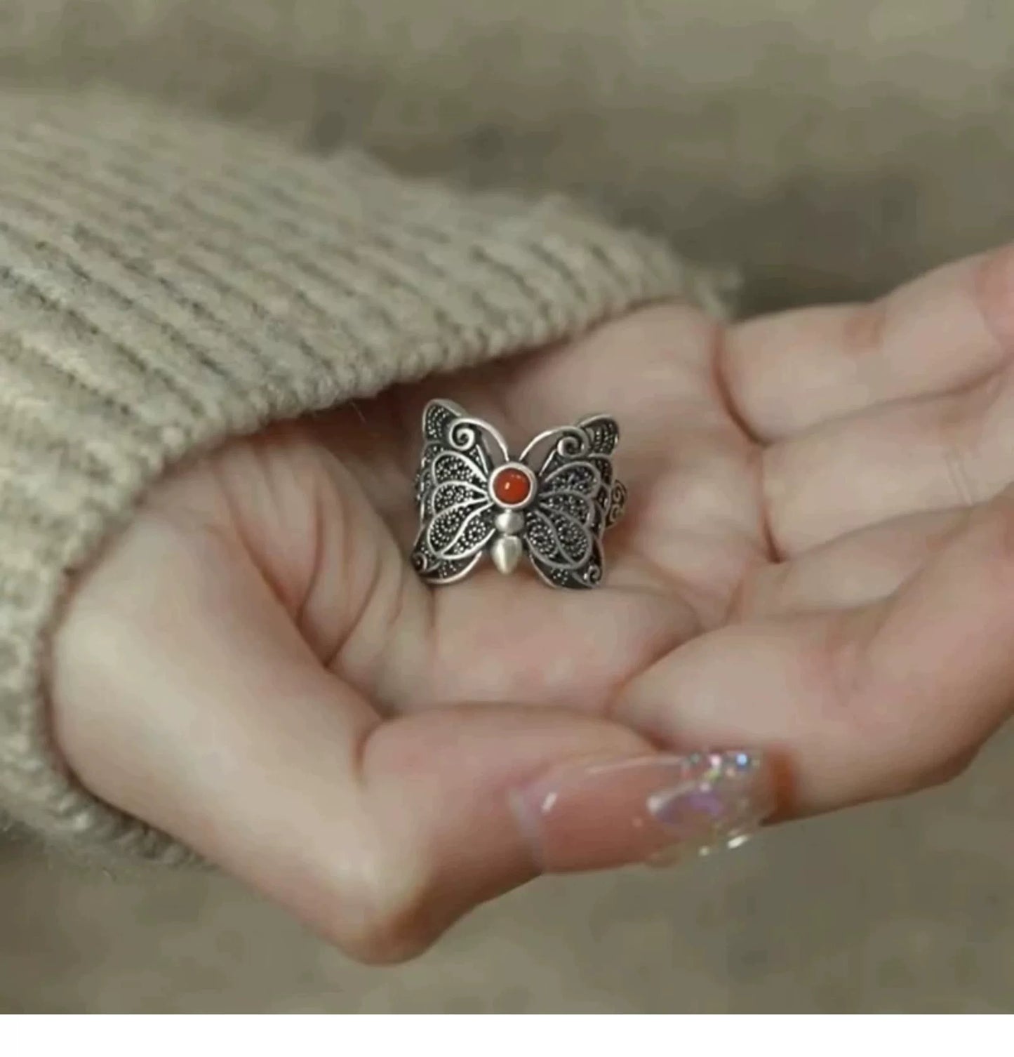925 Sterling Silver Filigree Red Agate Butterfly Ring – Adjustable Vintage Chinese Style Statement Ring