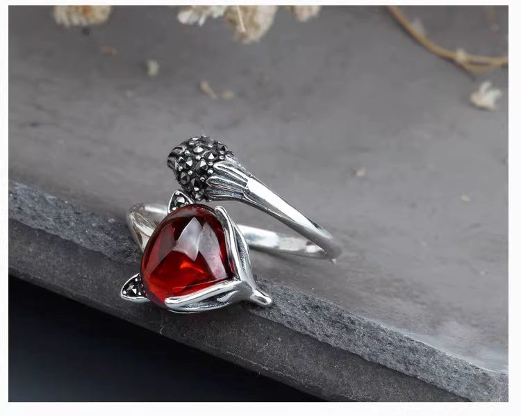 Vintage Fox Ring with Garnet – Adjustable 925 Sterling Silver Statement Ring