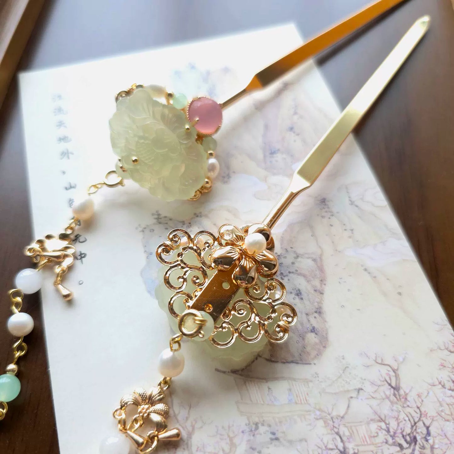 Traditional Chinese Hair Stick with Jade & Pearls | Handmade Hanfu & Qipao Hair Accessory