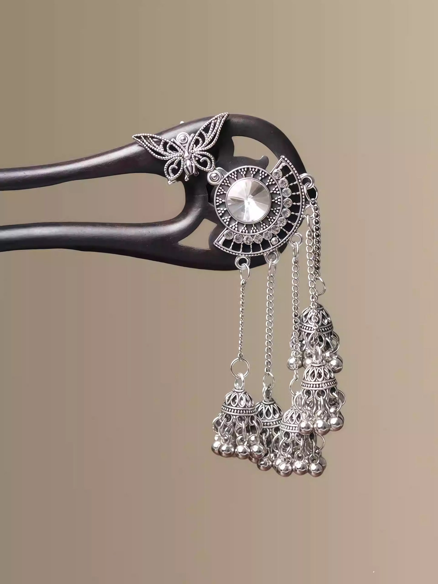 Miao Style Ebony Butterfly Tassel Hairpin – U-Shaped Silver Accent Hair Stick for Women