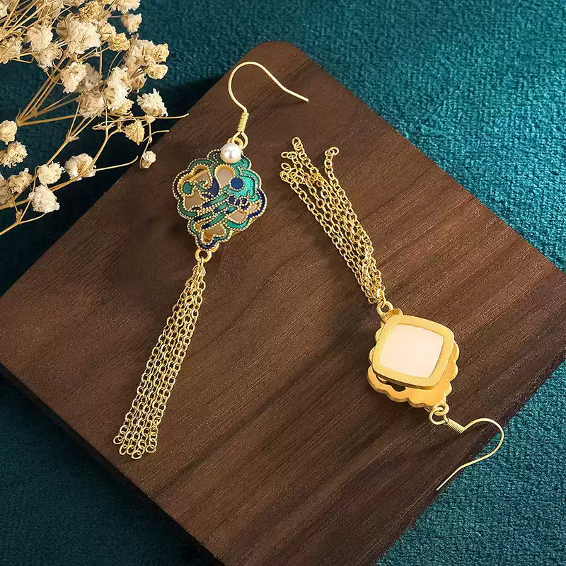 Chinese Ruyi Jade Tassel Earrings – Vintage Palace Style Long Drop Earrings
