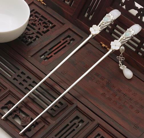 White flower white jade hairpin-alloy
