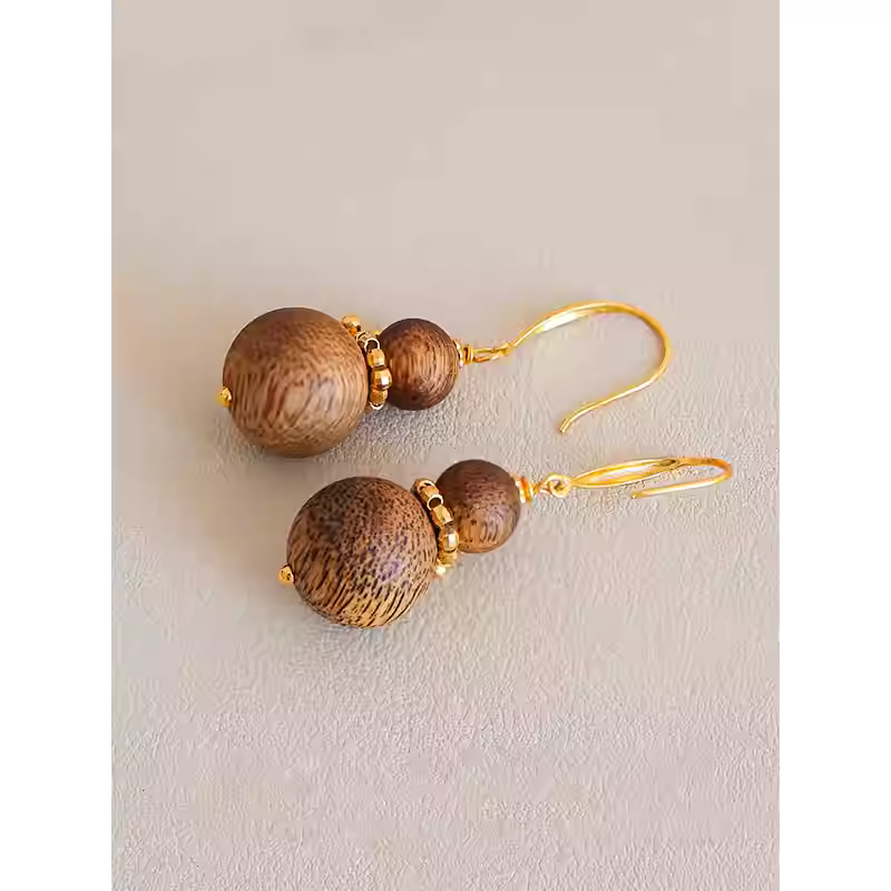 Natural Qi Nan Agarwood Small Gourd Earrings for Women – Alloy Hook, New Chinese Wooden Earrings