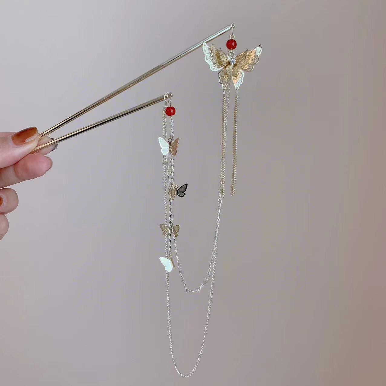 New Chinese Style Double Hairpin with Butterfly Tassels – Elegant Hanfu Hair Jewelry