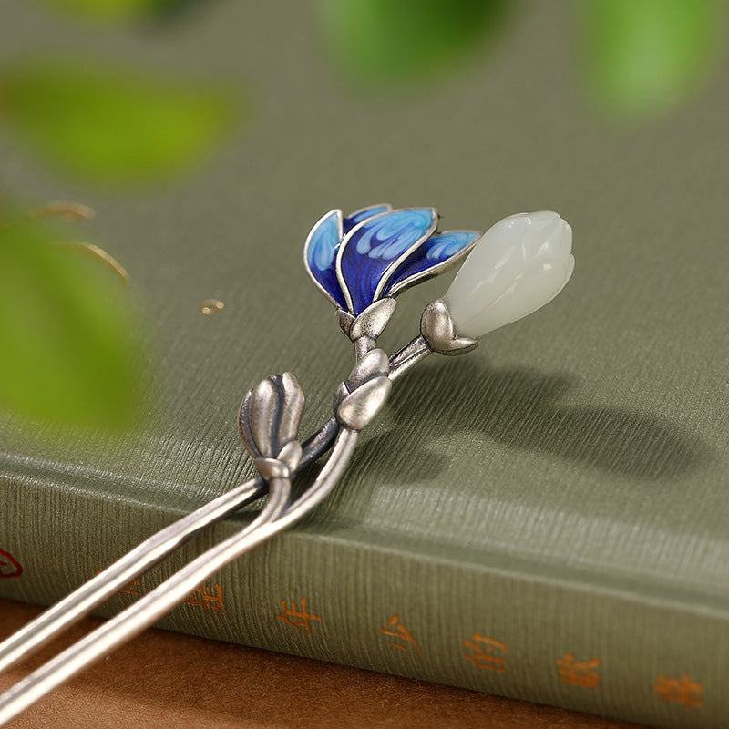 Pure Silver Natural Hotan Jade Orchid Hairpin-Silver inlaid with jade