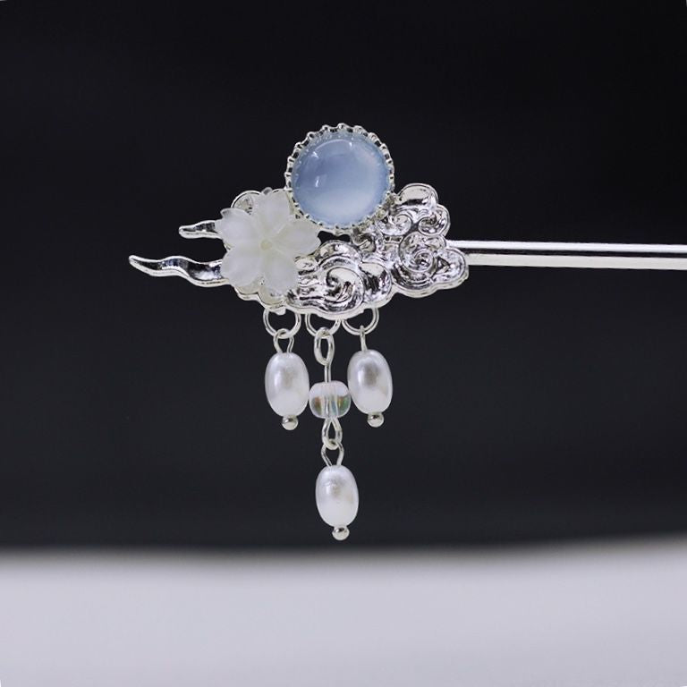 Xiangyun Flower Pearl Agate Tassel Hairpin - Alloy