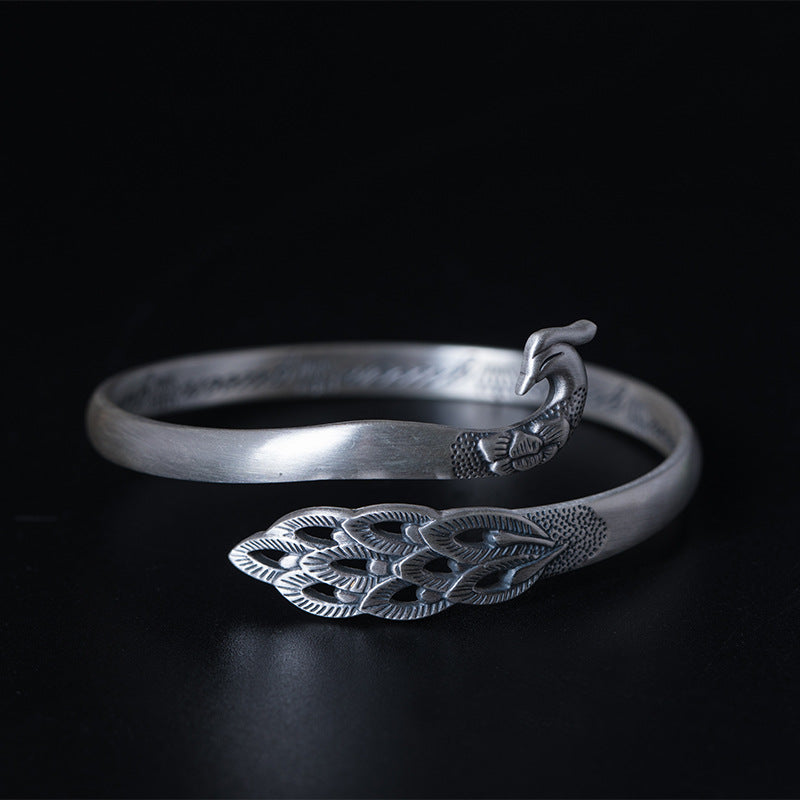 Peacock with Hollow Feather Opening Adjustable Bracelet - Sterling Silver