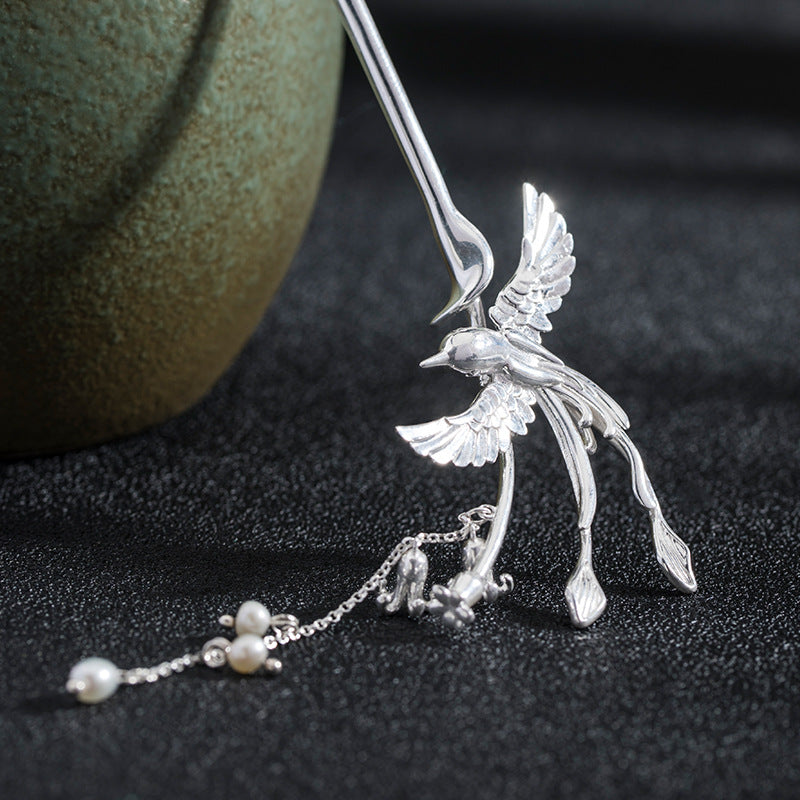 Flying Bird Flower Bead Hairpin- Sterling Silver