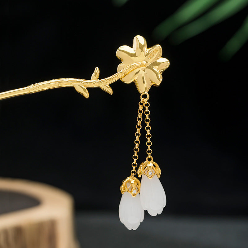 Red Flower and 2 White Magnolia Tassel Hairpin - Sterling Silver