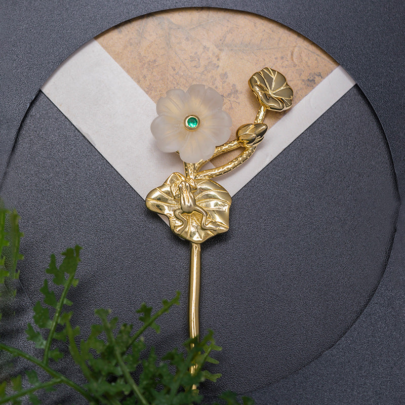 Crystal Plum Flower Lotus Leaf Hairpin - Sterling Silver