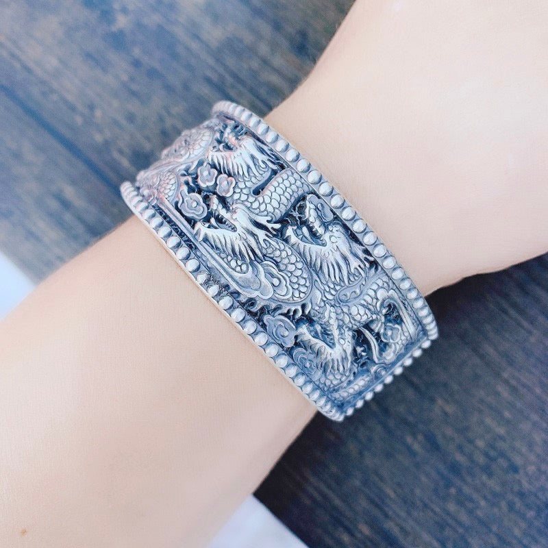 Double Dragons Playing with Beads hollow out Open Bracelet - Sterling Silver