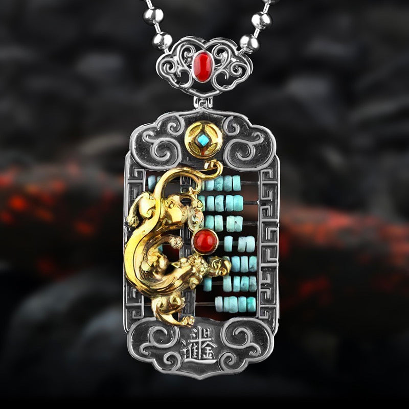 Golden Pixiu Blue Abacus Pendant - Sterling Silver