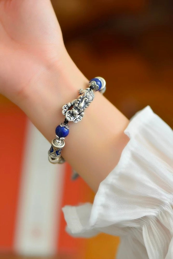 Pixiu Tongzhu and character Fú Enamel Bracelet - Sterling Silver