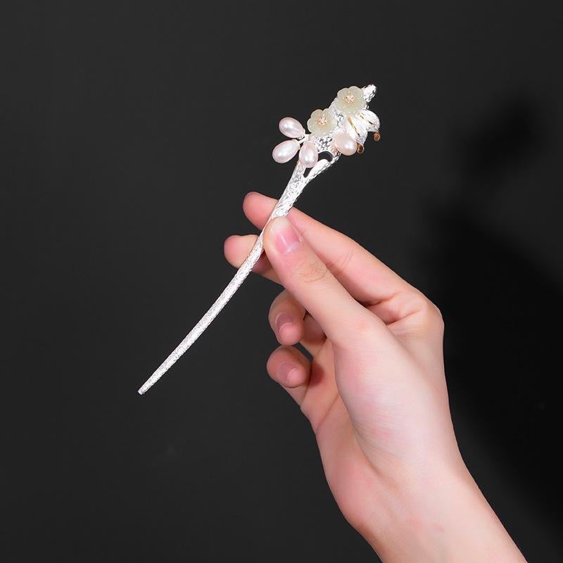 2 Hotan Jade Plum Blossom 4 Pearl Hairpin - Sterling Silver