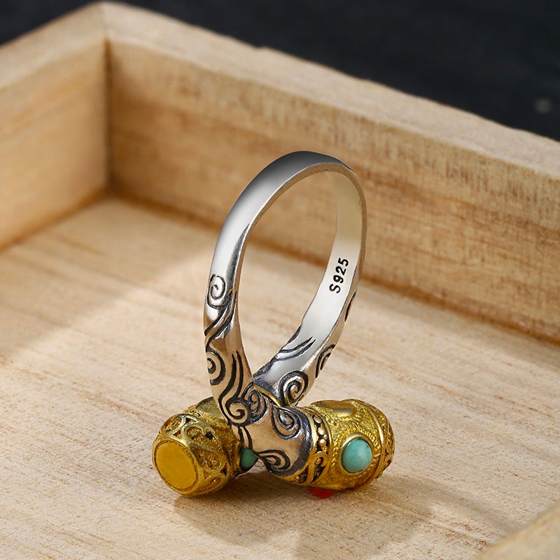 Ruyi Golden Hoop Stick Turquoise Ruby Ring - Sterling Silver