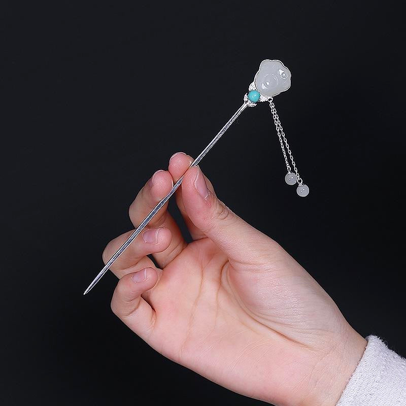 Hotan Jade Green Bead Hairpin - Sterling Silver