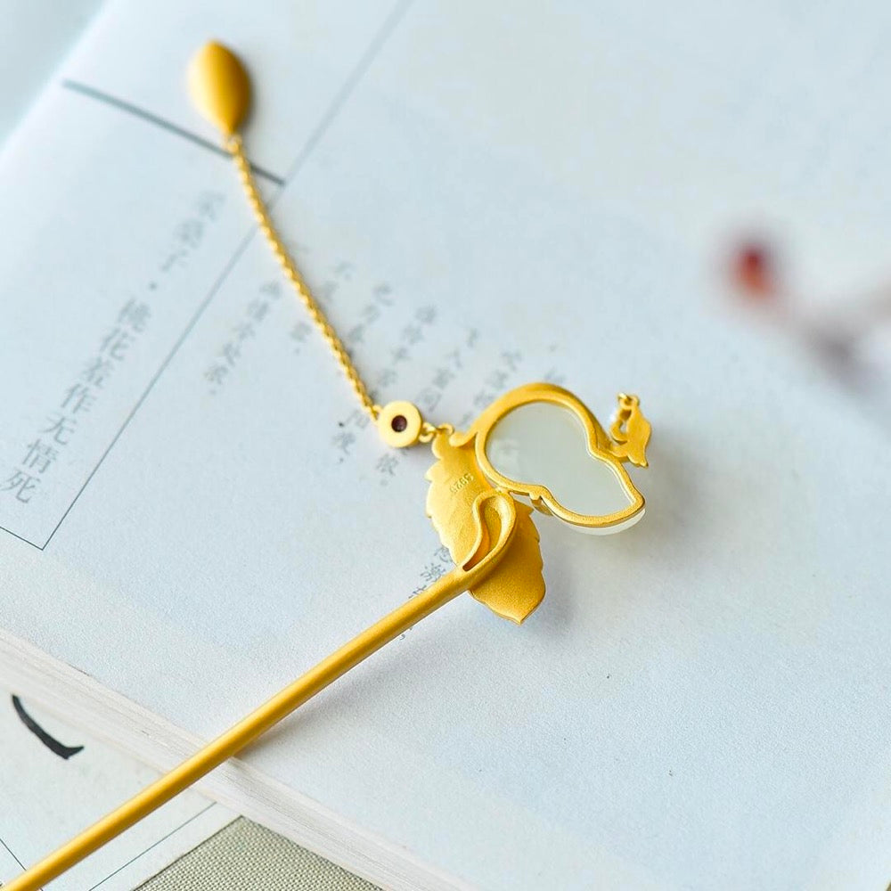 Phoenix Gourd Leaves Hetian Jade Enamel Hairpin - Sterling Silver