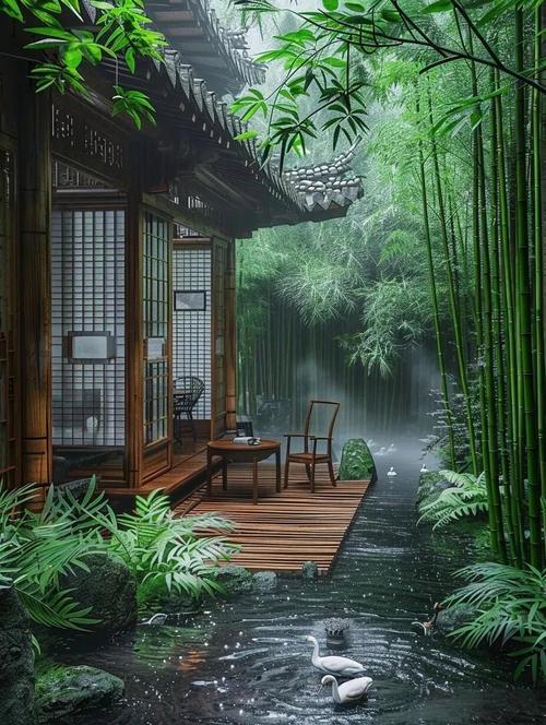 Bamboo grove cottage representing bamboo symbolism in Chinese culture