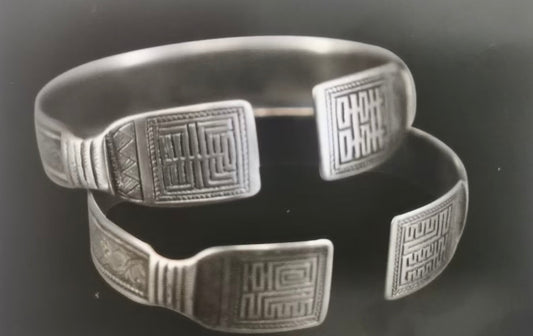 Silver Bracelets with Double Happiness and Fortune, Prosperity, Longevity Motifs (Pair)