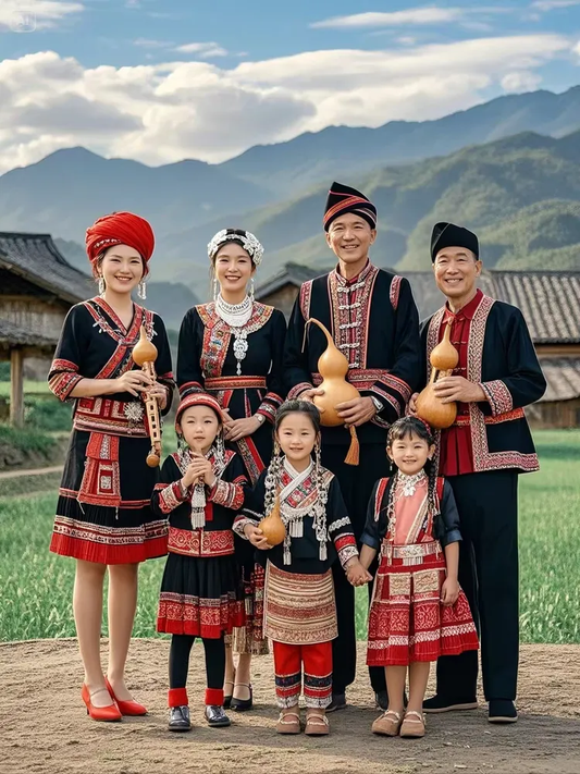 Illustrative portrait of an Achang family in traditional-inspired clothing