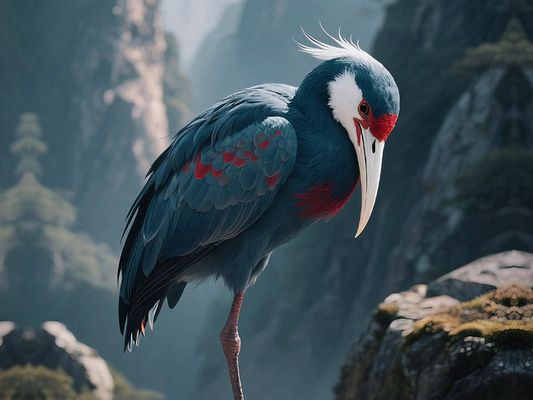 Modern fantasy illustration of Bifang, a blue one-legged bird with red markings and a white beak