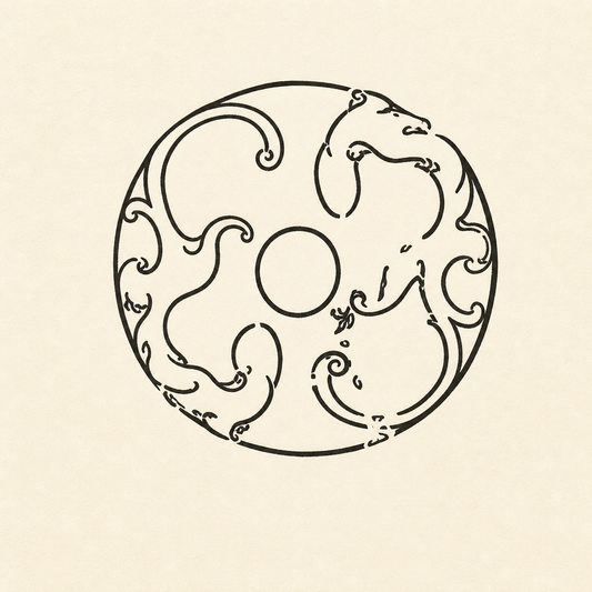 Clean line drawing of a circular coiled chi motif