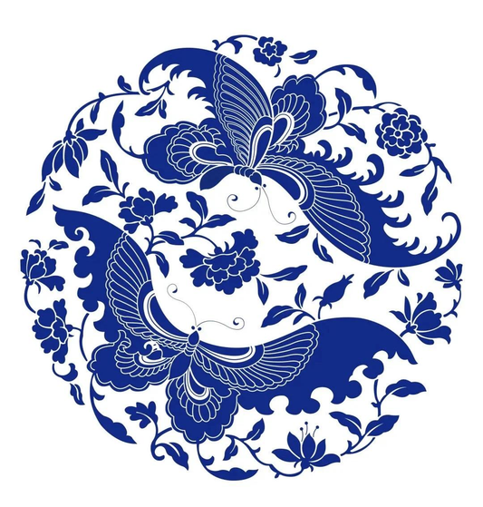 Blue butterflies and flowers arranged in a circular decorative pattern