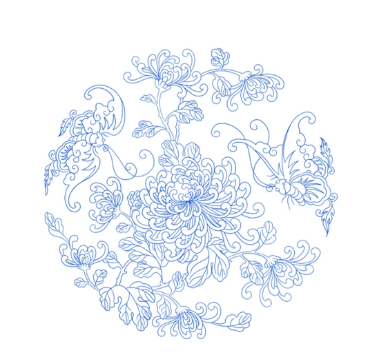 Blue line illustration of chrysanthemums, leafy branches and two butterflies on white