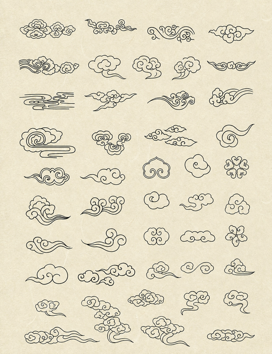 Collection of traditional Chinese cloud pattern line drawings on ivory paper