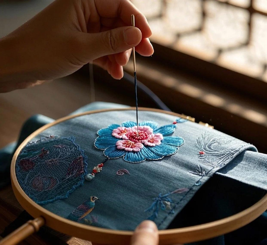 Artisan hand stitching a floral Chinese embroidery design