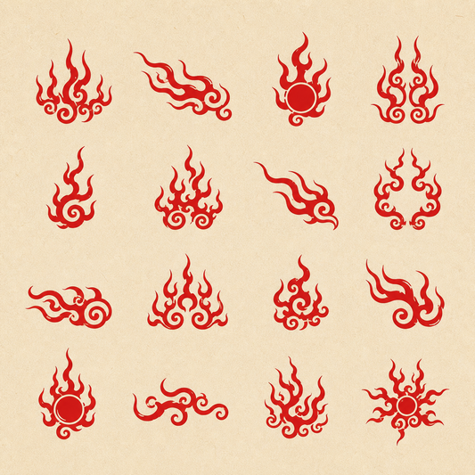 Sixteen red Chinese-inspired flame motif variations on warm beige