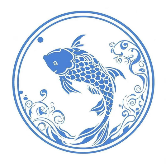 Blue fish illustration with curved body and ornamental scrolls inside a circular border