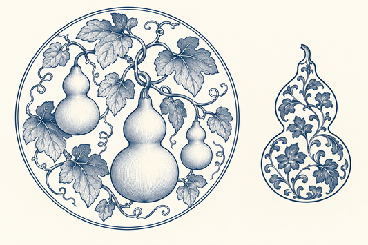 Chinese gourd and vine motifs in a contemporary indigo illustration