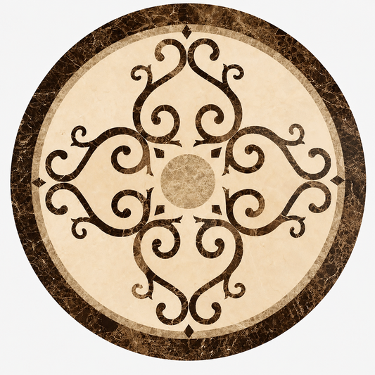 Reconstructed circular Chinese ground pattern medallion in brown and ivory