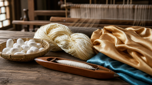 Mulberry silk cocoons, filament yarn, a wooden shuttle and woven satin in a traditional Chinese workshop