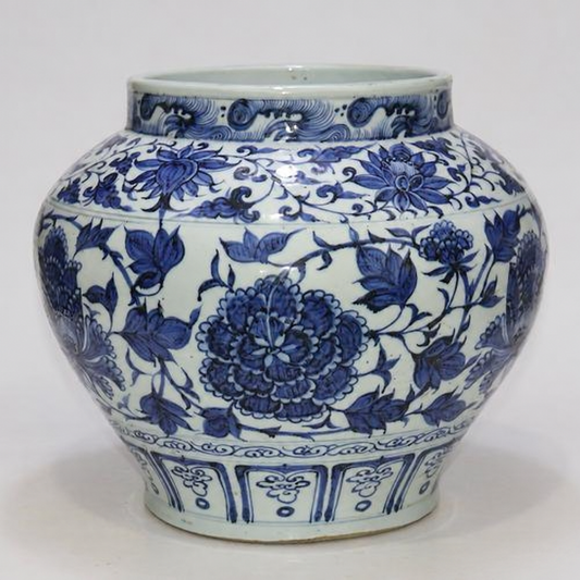 Blue-and-white ceramic jar decorated with peonies and scrolling foliage