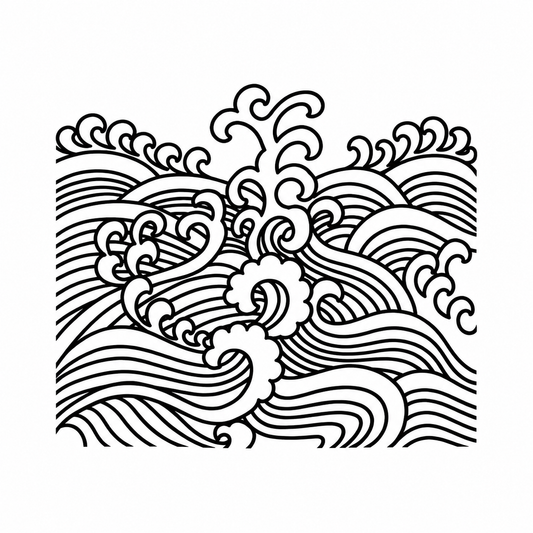 Black line illustration of curling wave crests and flowing parallel lines