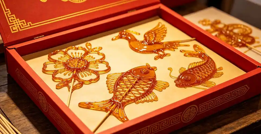 Amber sugar paintings of a flower, bird, and fish arranged in a red presentation box.