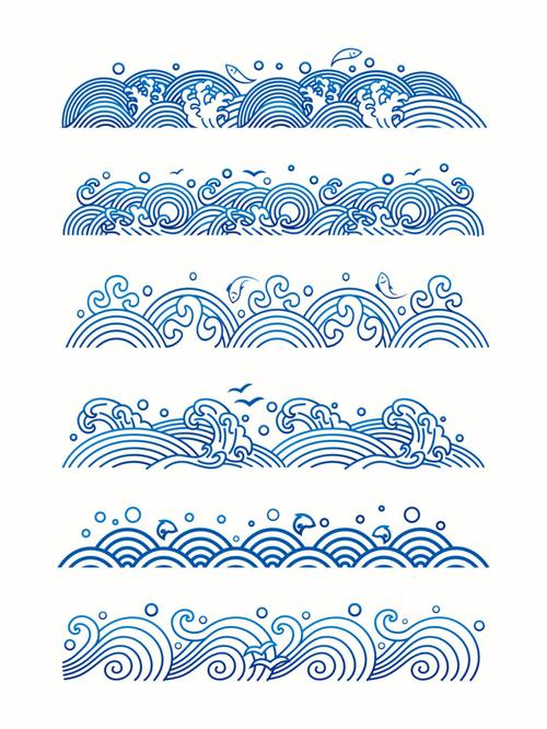 Six blue Chinese wave-crest border patterns with fish, birds, and spray