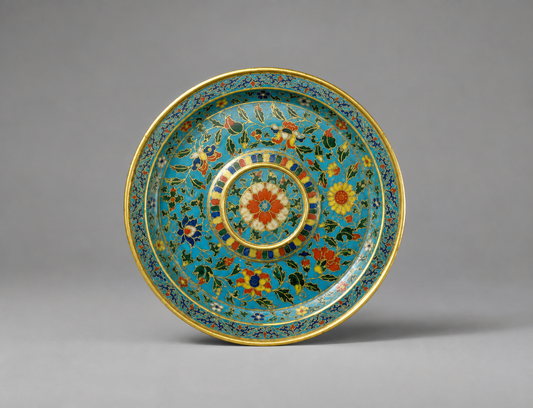Illustrative reconstruction of a turquoise cloisonné enamel dish with floral scrolls
