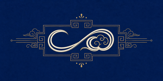 Modern illustration of a cloud-and-guaizi interlocking pattern in ivory and gold on indigo