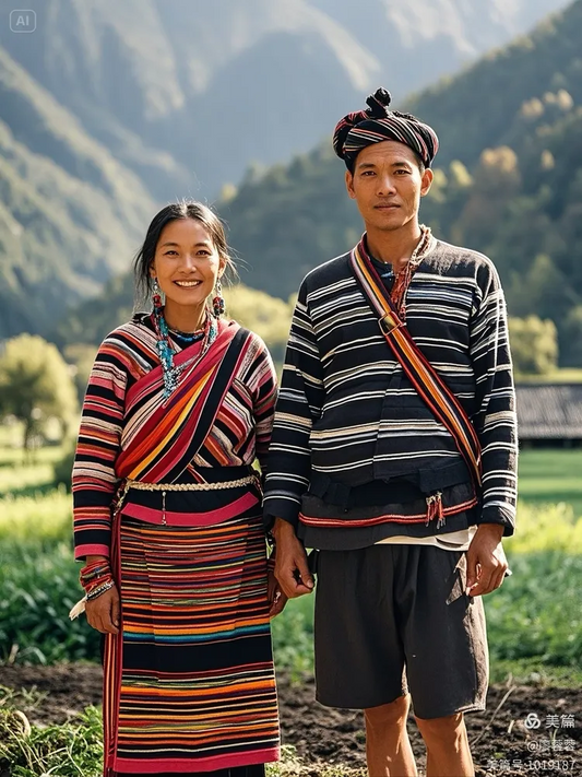 Illustrative image of Derung people wearing colorful striped traditional-style clothing in a mountain valley